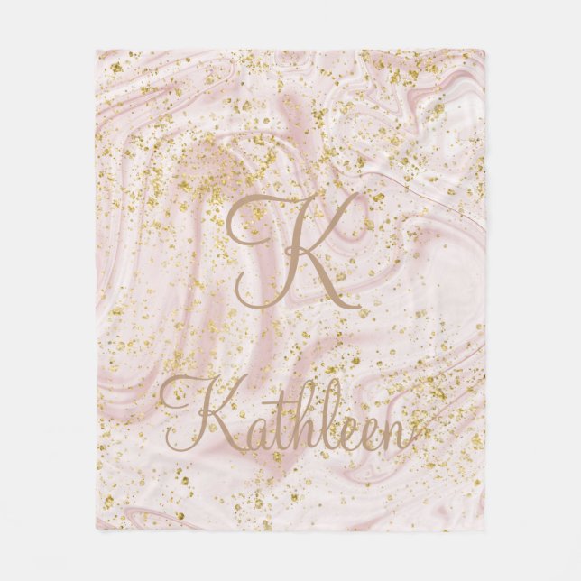 Monogram Pink and White Marble Swirl Gold Glitter Fleece Blanket (Front)