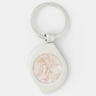 Monogram Pink and White Marble Swirl Gold Glitter  Key Ring
