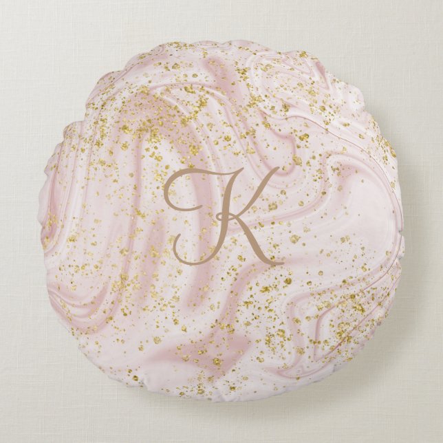 Monogram Pink and White Marble Swirl Gold Glitter  Round Cushion (Front)