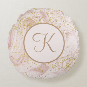 Monogram Pink and White Marble Swirl Gold Glitter  Round Cushion