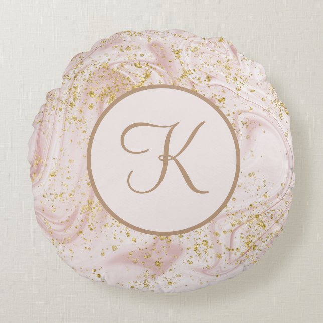 Monogram Pink and White Marble Swirl Gold Glitter  Round Cushion (Front)