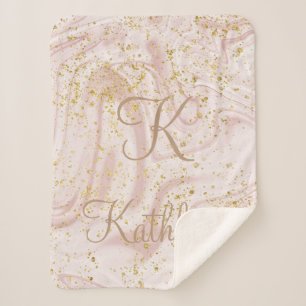 Monogram Pink and White Marble Swirl Gold Glitter  Sherpa Blanket