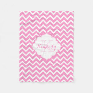 Monogram Pink And White Zigzag Chevron Fleece Blanket