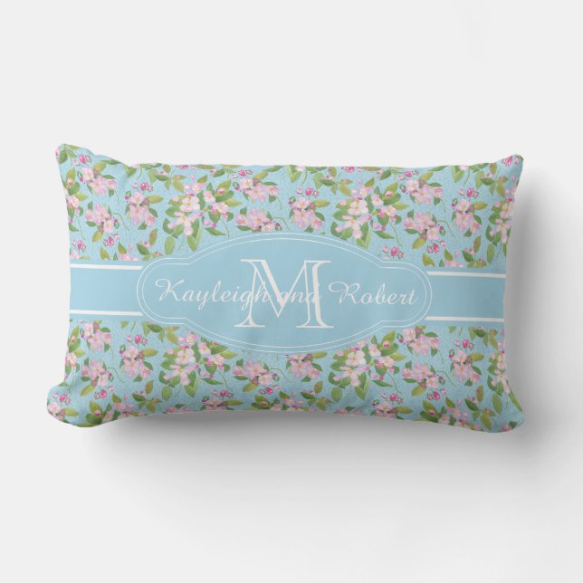 Monogram Pink Apple Blossom on Blue Pattern Lumbar Cushion (Front)