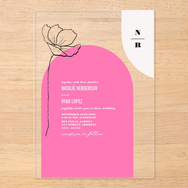 Monogram Pink Arch Floral Wedding Invitation (Front)