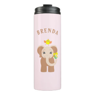 Monogram Pink Baby Elephant Bird Yellow Flower Thermal Tumbler