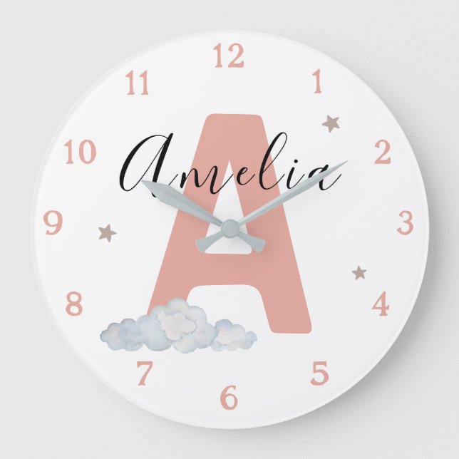 Monogram Pink Baby Initial Name Nursery Wall Large Clock (Front)