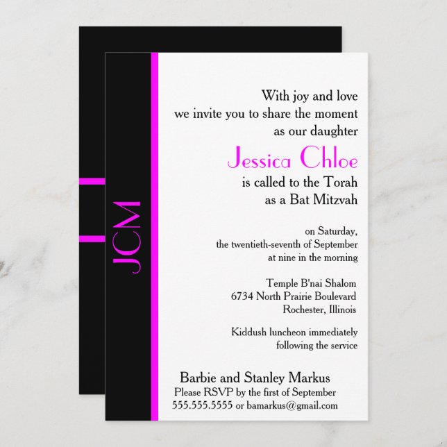 Monogram Pink Black Bat Mitzvah Invitation (Front/Back)