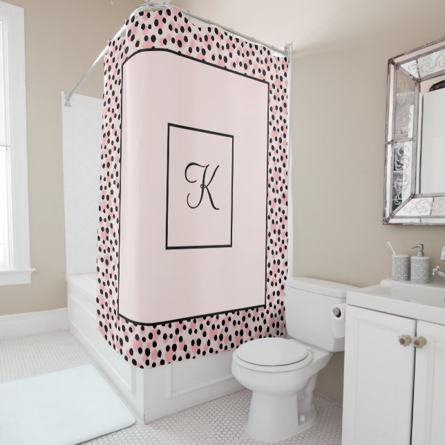 Monogram Pink Black Polka Dot Spotted Dots Shower Curtain (In Situ)