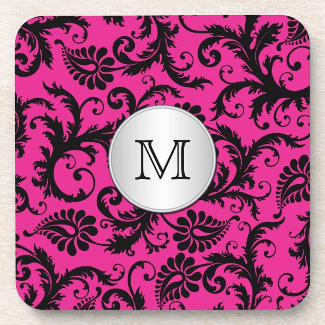 Monogram Pink Black Silver Damask Coaster Set (6) (Front)