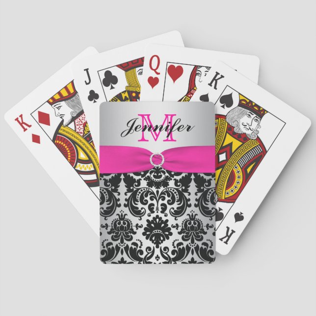 Monogram Pink Black Silver Damask Playing Cards (Back)