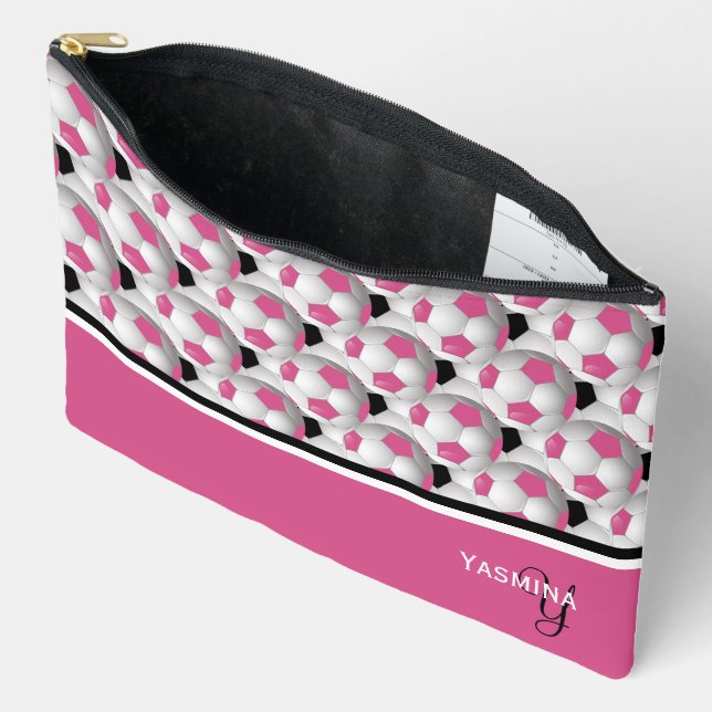 Monogram Pink Black Soccer Ball Pattern Accessory Pouch (Open)