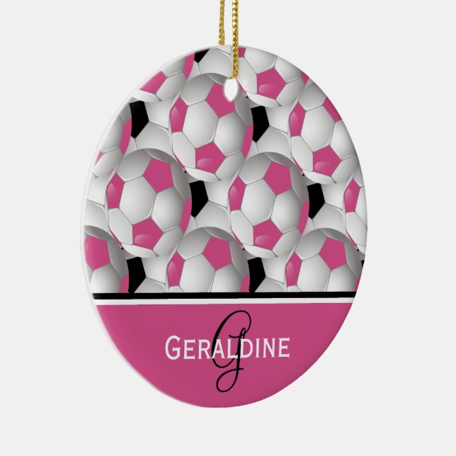 Monogram Pink Black Soccer Ball Pattern Ceramic Tree Decoration (Right)