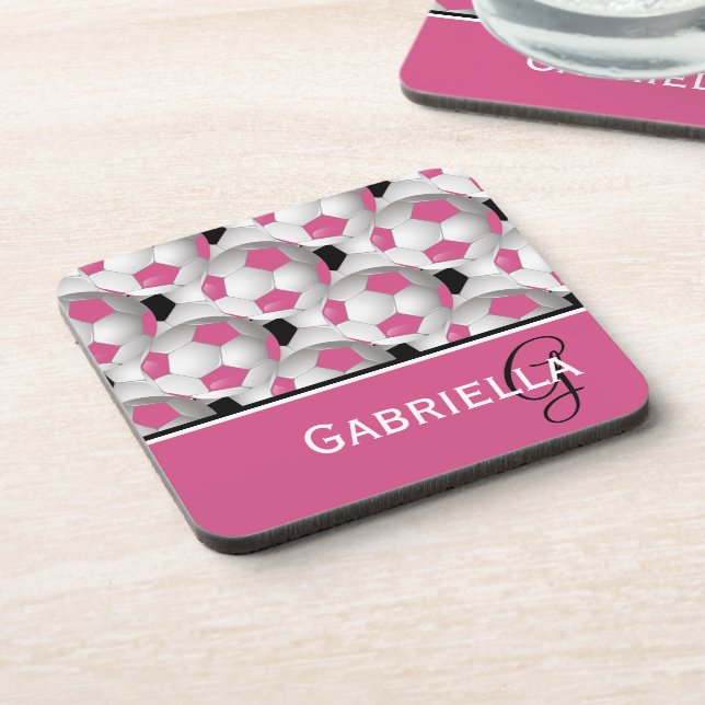 Monogram Pink Black Soccer Ball Pattern Coaster (Left Side)