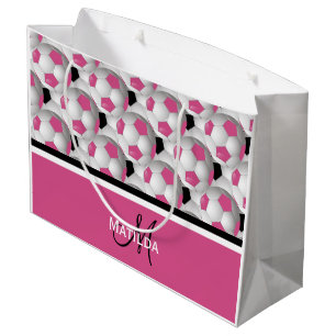 Monogram Pink Black Soccer Ball Pattern Large Gift Bag