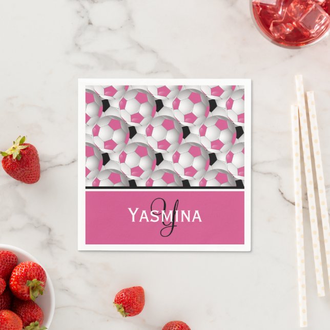 Monogram Pink Black Soccer Ball Pattern Napkin (Insitu)