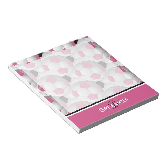 Monogram Pink Black Soccer Ball Pattern Notepad (Angled)