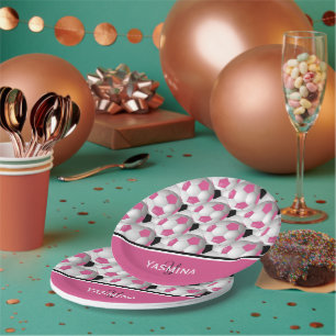 Monogram Pink Black Soccer Ball Pattern Paper Plate