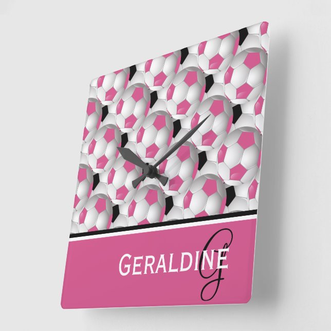Monogram Pink Black Soccer Ball Pattern Square Wall Clock (Angle)