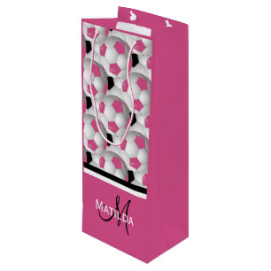 Monogram Pink Black Soccer Ball Pattern Wine Gift Bag
