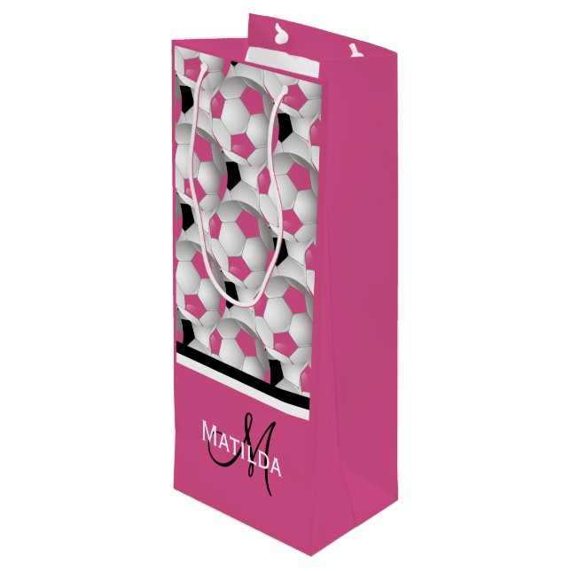Monogram Pink Black Soccer Ball Pattern Wine Gift Bag (Back Angled)