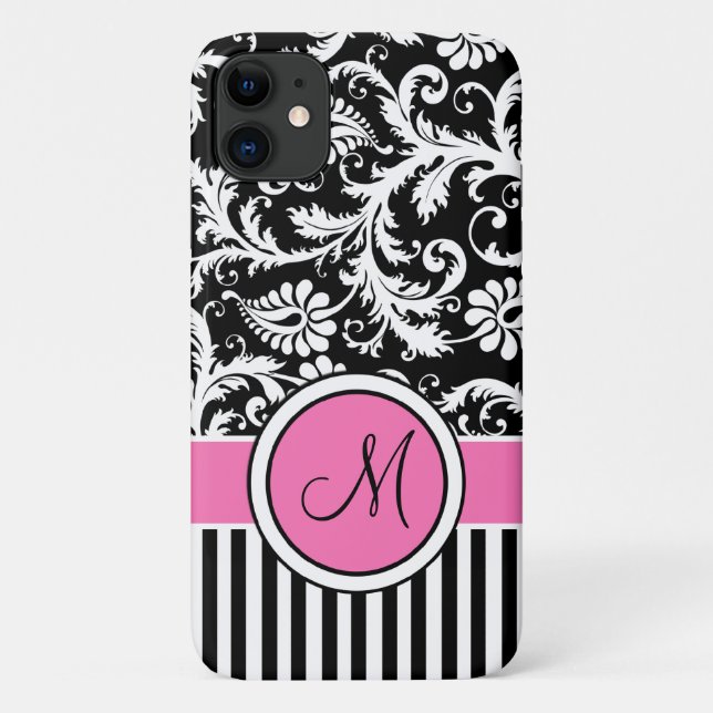 Monogram Pink, Black, White Striped Damask Case (Back)