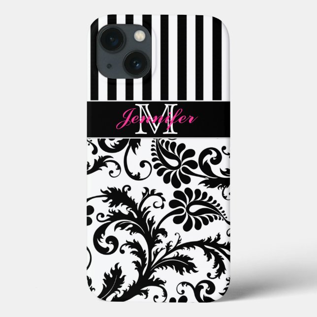 Monogram Pink Black White Striped Damask iPad Air Case-Mate iPhone Case (Back)
