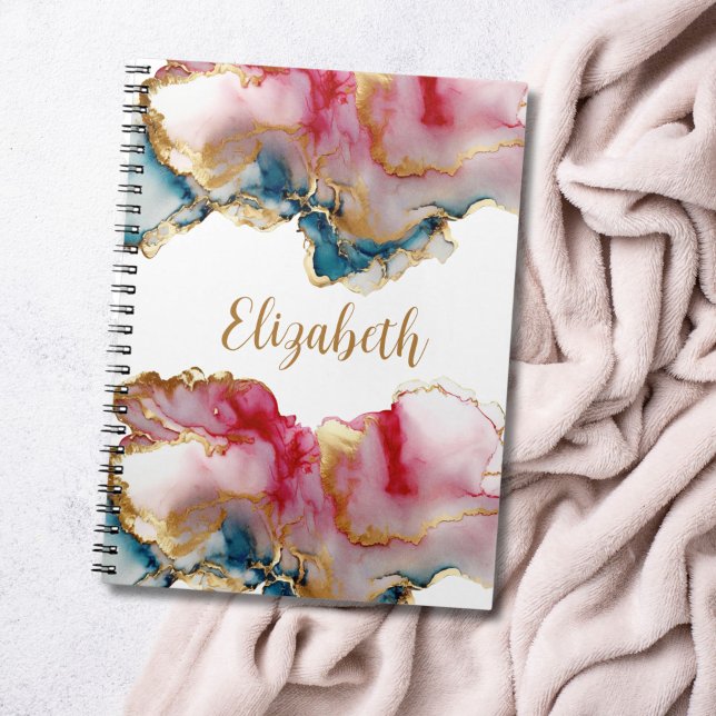 Monogram Pink Blue Gold Wash Watercolor Abstract Notebook (Monogram name pink red gold blue alcohol ink watercolor notebook journal)