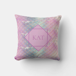 Monogram Pink Blue Silver Glitter Mermaid Scales Cushion