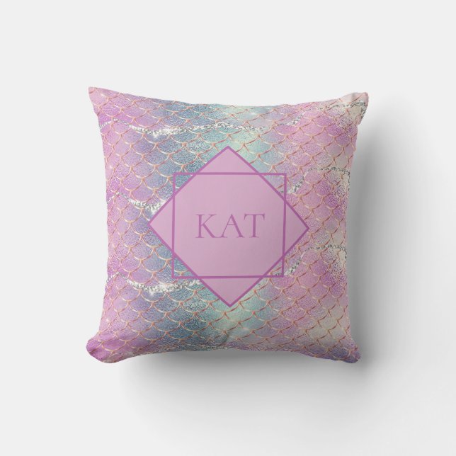 Monogram Pink Blue Silver Glitter Mermaid Scales Cushion (Front)