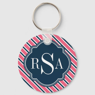 Monogram Pink Blue White Stripe Pattern Key Ring