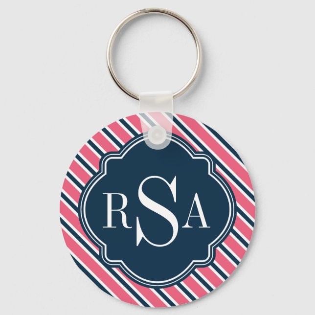 Monogram Pink Blue White Stripe Pattern Key Ring (Front)