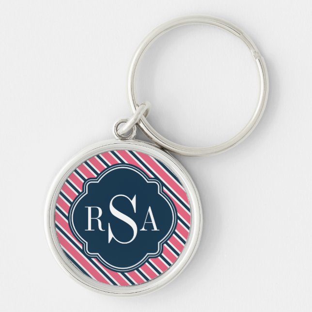 Monogram Pink Blue White Stripe Pattern Key Ring (Front)