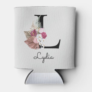 Monogram Pink Boho Floral Initial L Can Cooler