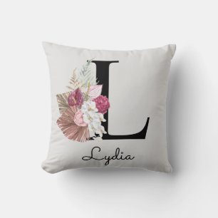 Monogram Pink Boho Floral Initial L Cushion