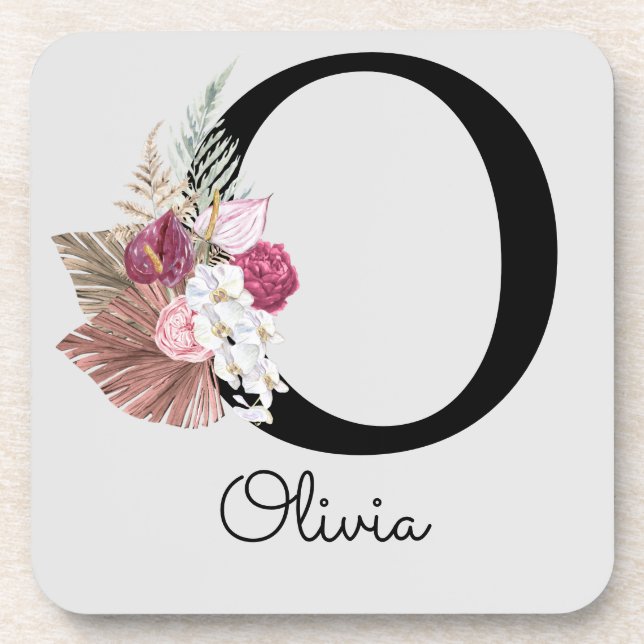 Monogram Pink Boho Floral Initial O Coaster (Front)