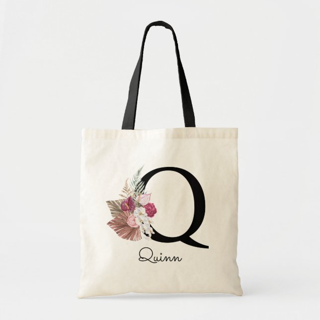 Monogram Pink Boho Floral Initial Q Tote Bag (Front)