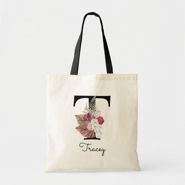 Monogram Pink Boho Floral Initial T Tote Bag (Front)