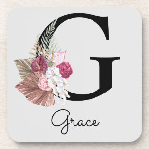 Monogram Pink Boho Girly Floral Initial G Coaster
