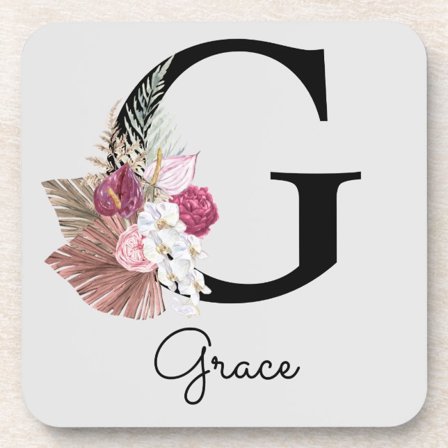 Monogram Pink Boho Girly Floral Initial G Coaster (Front)