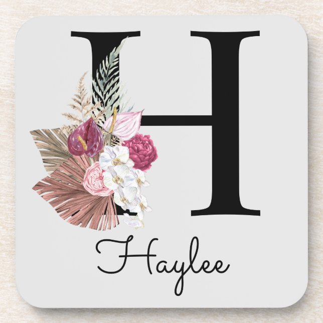 Monogram Pink Boho Girly Floral Initial H Coaster (Front)
