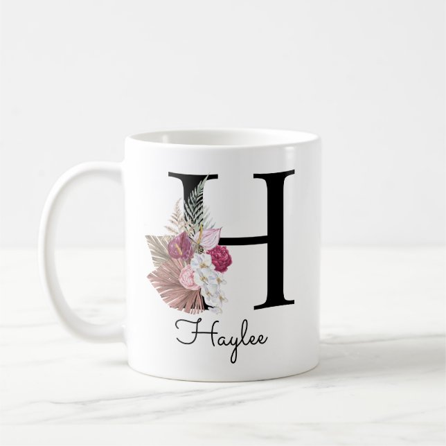 Monogram Pink Boho Girly Floral Initial H Coffee Mug (Left)