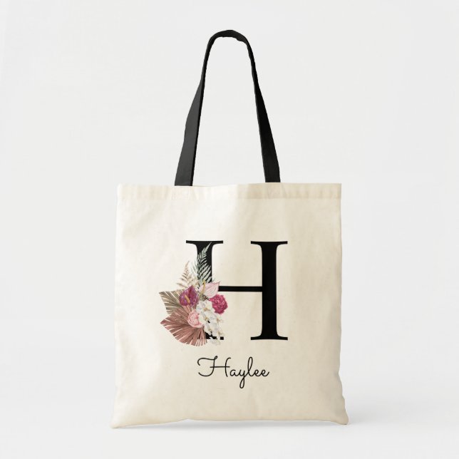 Monogram Pink Boho Girly Floral Initial H Tote Bag (Front)