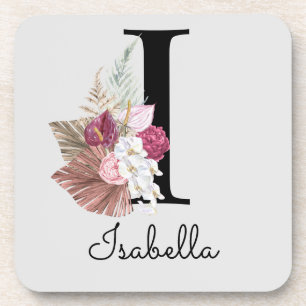 Monogram Pink Boho Girly Floral Initial I Coaster
