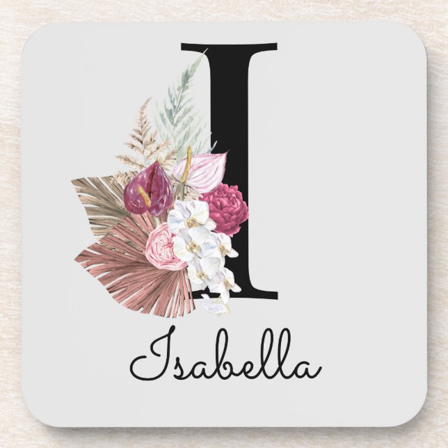Monogram Pink Boho Girly Floral Initial I Coaster (Front)