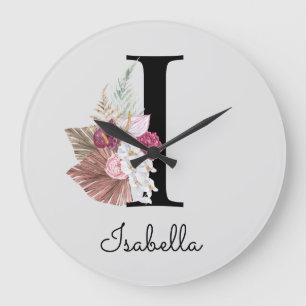 Monogram Pink Boho Girly Floral Initial I Large Clock