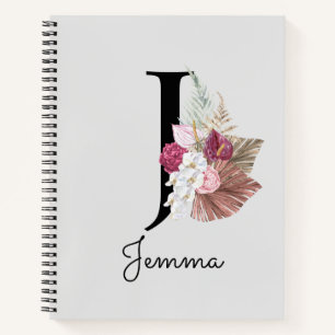 Monogram Pink Boho Girly Floral Initial J Notebook