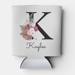 Monogram Pink Boho Girly Floral Initial K Can Cooler