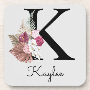 Monogram Pink Boho Girly Floral Initial K Coaster
