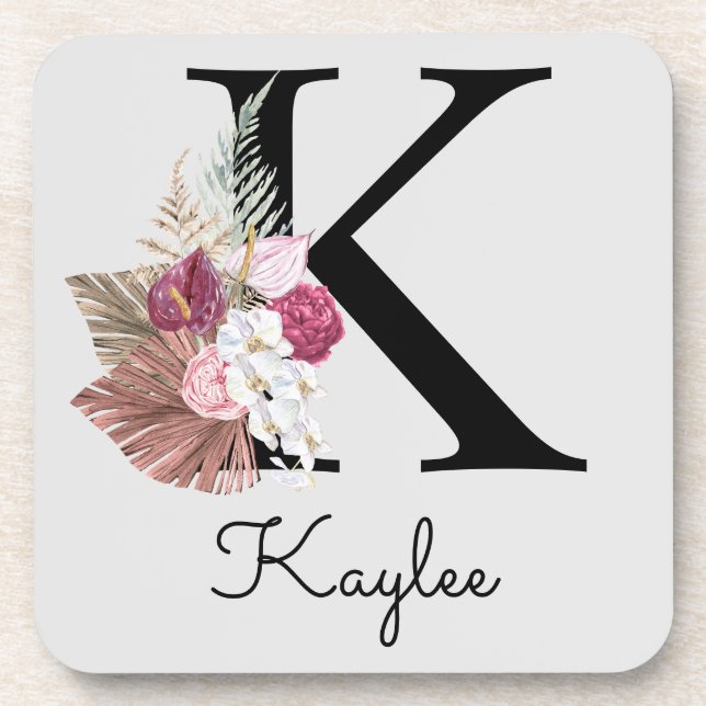 Monogram Pink Boho Girly Floral Initial K Coaster (Front)
